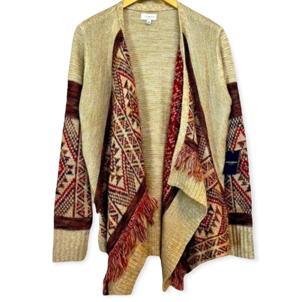 LUCKY BRAND Knit Boho Fringe Tan Cardigan Prairie Festival Draped Cottage NWT
